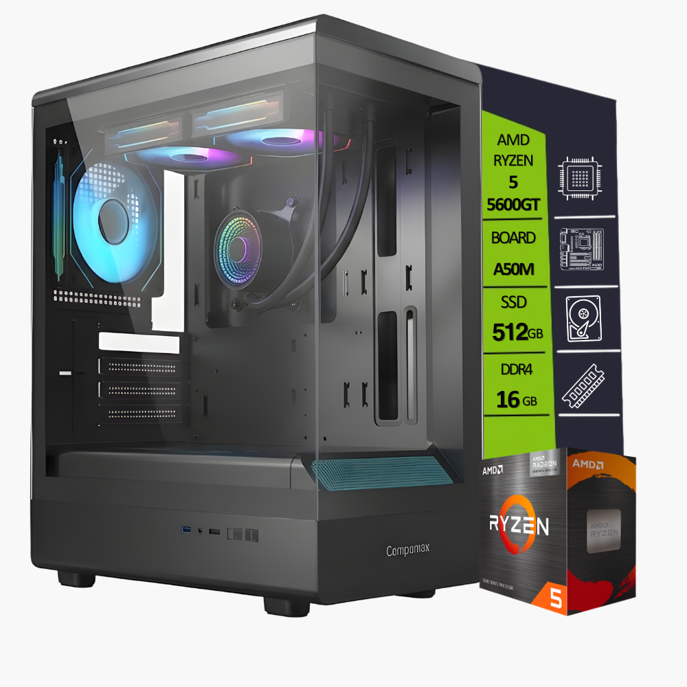 CPU AMD RYZEN 5 5600GT BOARD A520M SSD 512GB M.2 RAM 16GB + REFRIGERACION LIQUIDA RL 240 2FANS RGB