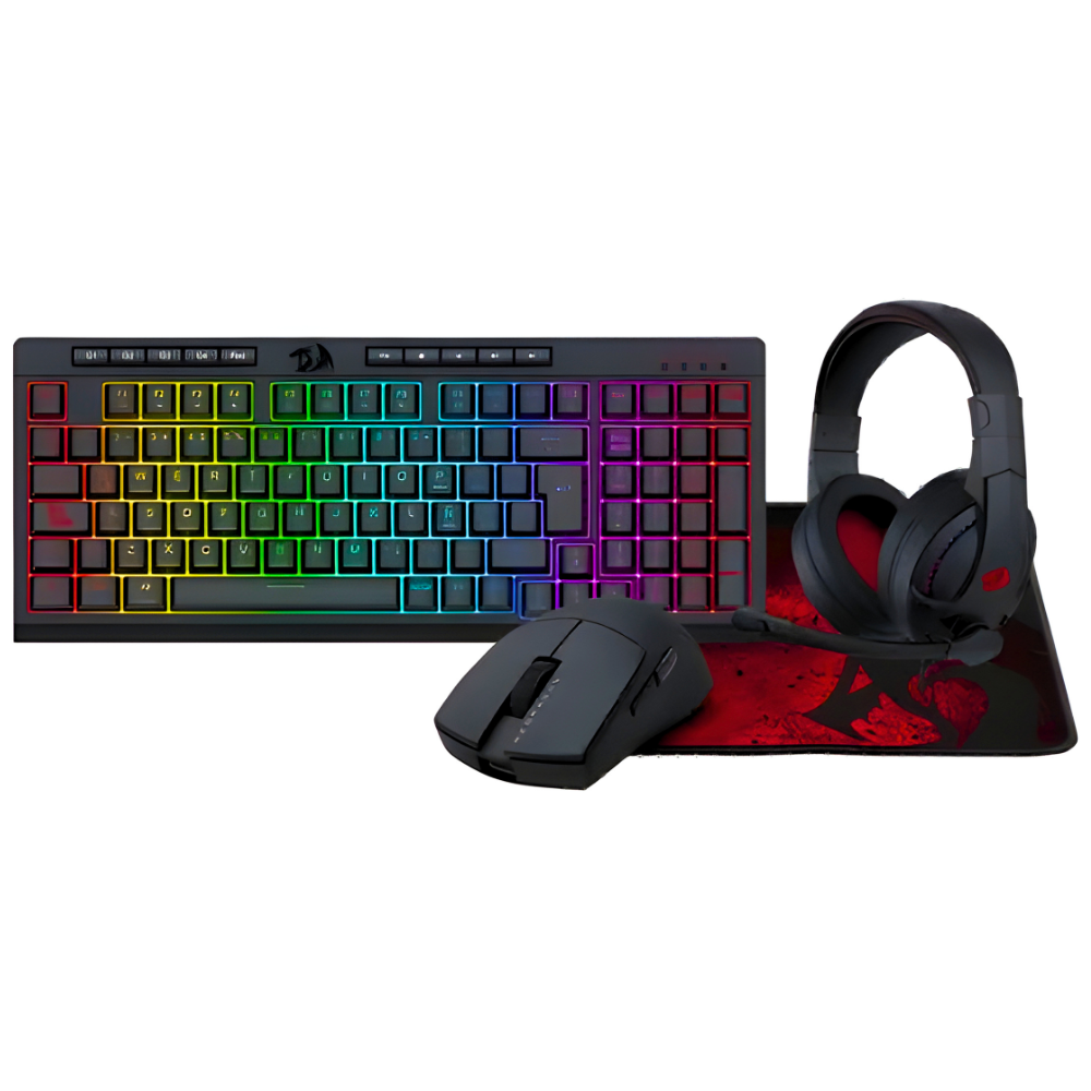 COMBO REDRAGON GAMING ESSENTIALS S147 4 EN 1 TECLADO Y MOUSE + DIADEMA GAMER + PAD MOUSE NEGRO