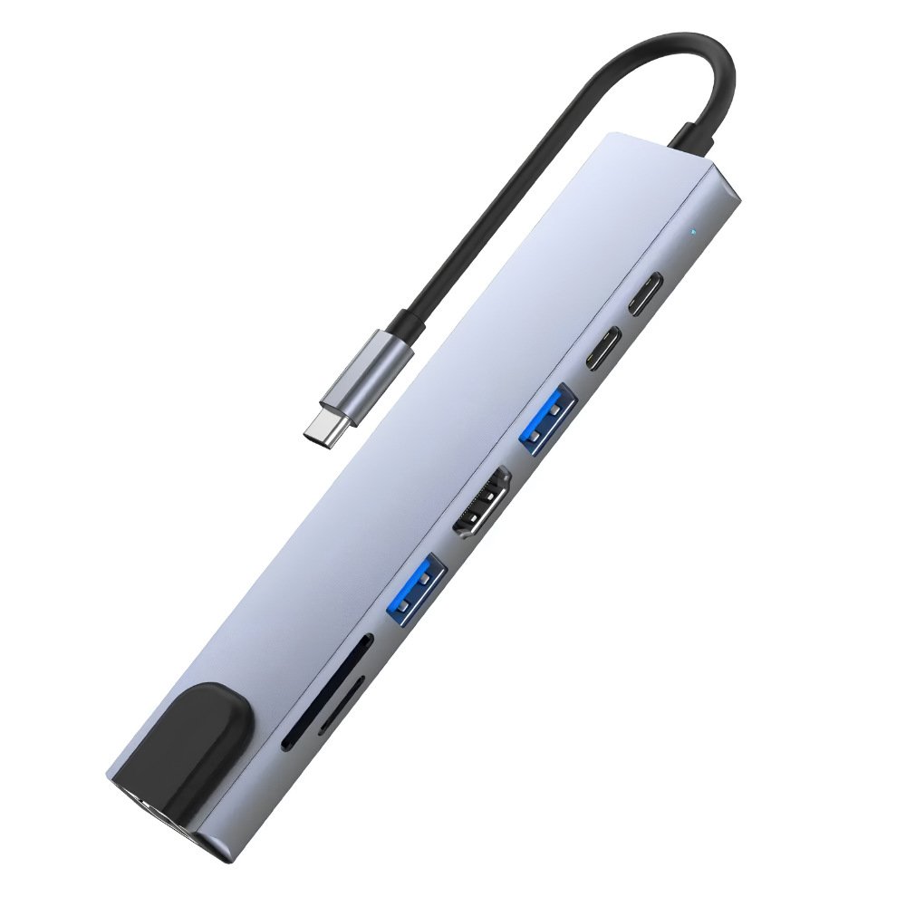 HUB TIPO C 8 EN 1 /2 TIPO C / 2 USB 3.0/ 1 RJ45 / 1 SD Y TF / 1 HDMI 4K