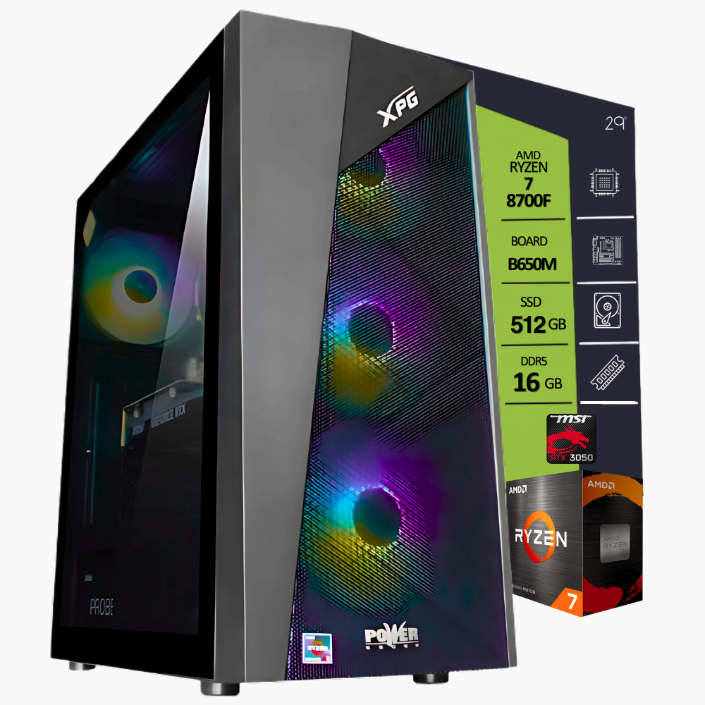 CPU AMD RYZEN 7 8700F / BOARD MSI B650M-F/ SSD 512GB / RAM DDR5 16GB/ T.V MSI RTX 3050 VENTUS OC 6GB