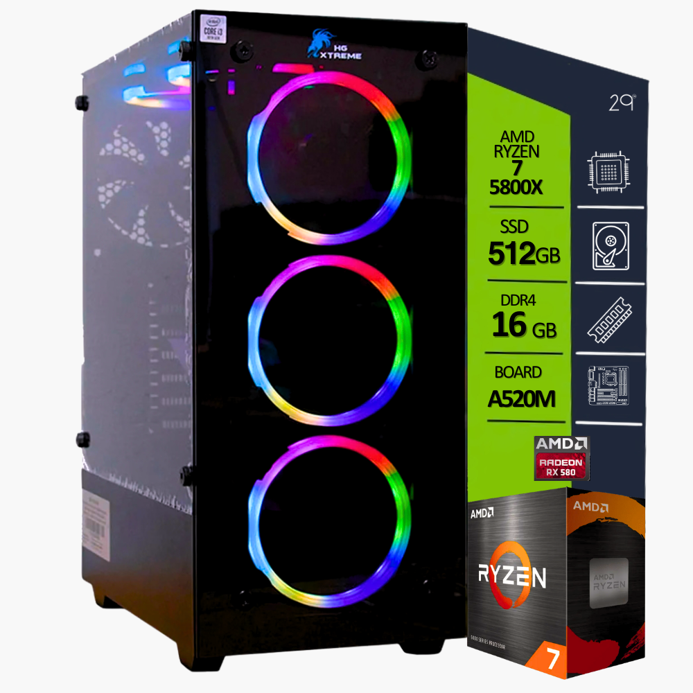 CPU AMD RYZEN 7 5800X/ BOARD A520M/ SSD M.2 512GB/ RAM DDR4 16GB/ T.V. RX580 XT DDR5 8GB