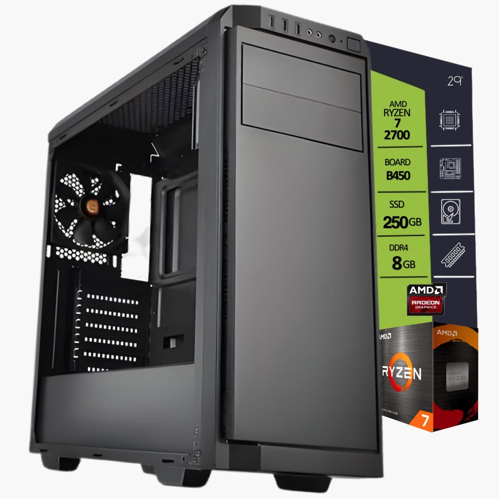 CPU AMD RYZEN 7 2700 BOARD B450 ASUS PRIME /SSD M.2 250GB /RAM DDR4 8GB/TV RX550 2GB FUENTE 450W