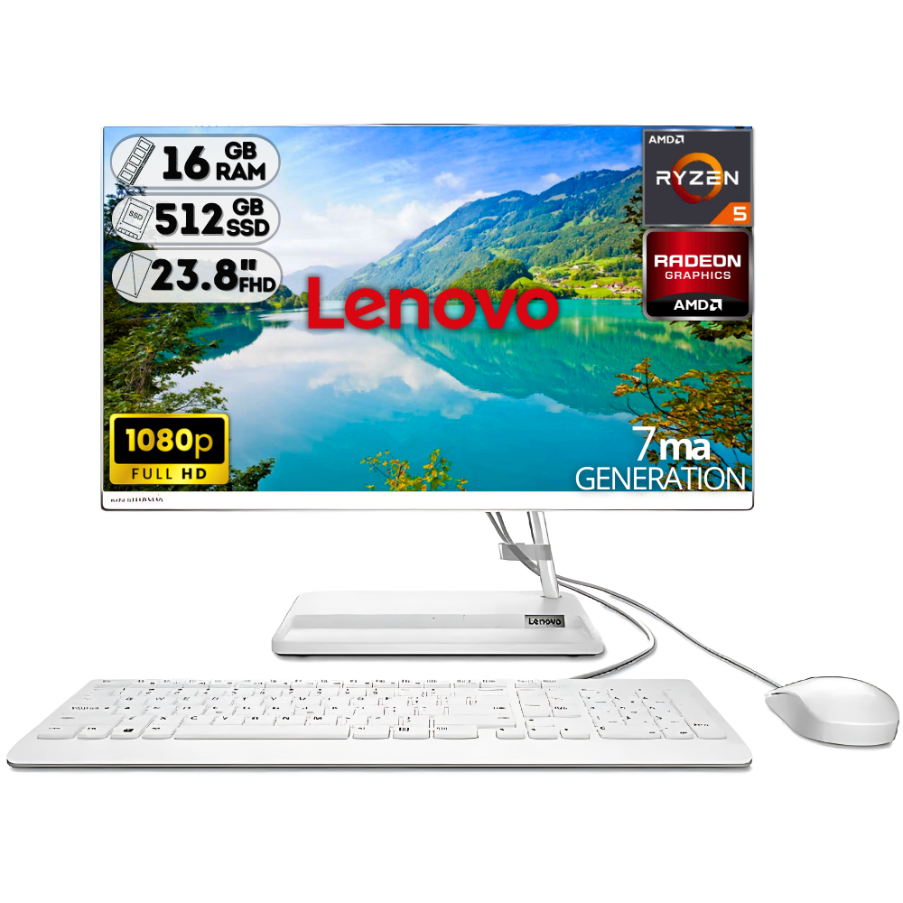 TODO EN UNO LENOVO 24ALC6 RYZEN 5 7430U SSD 512GB RAM 16GB 23.8" FHD BLANCO
