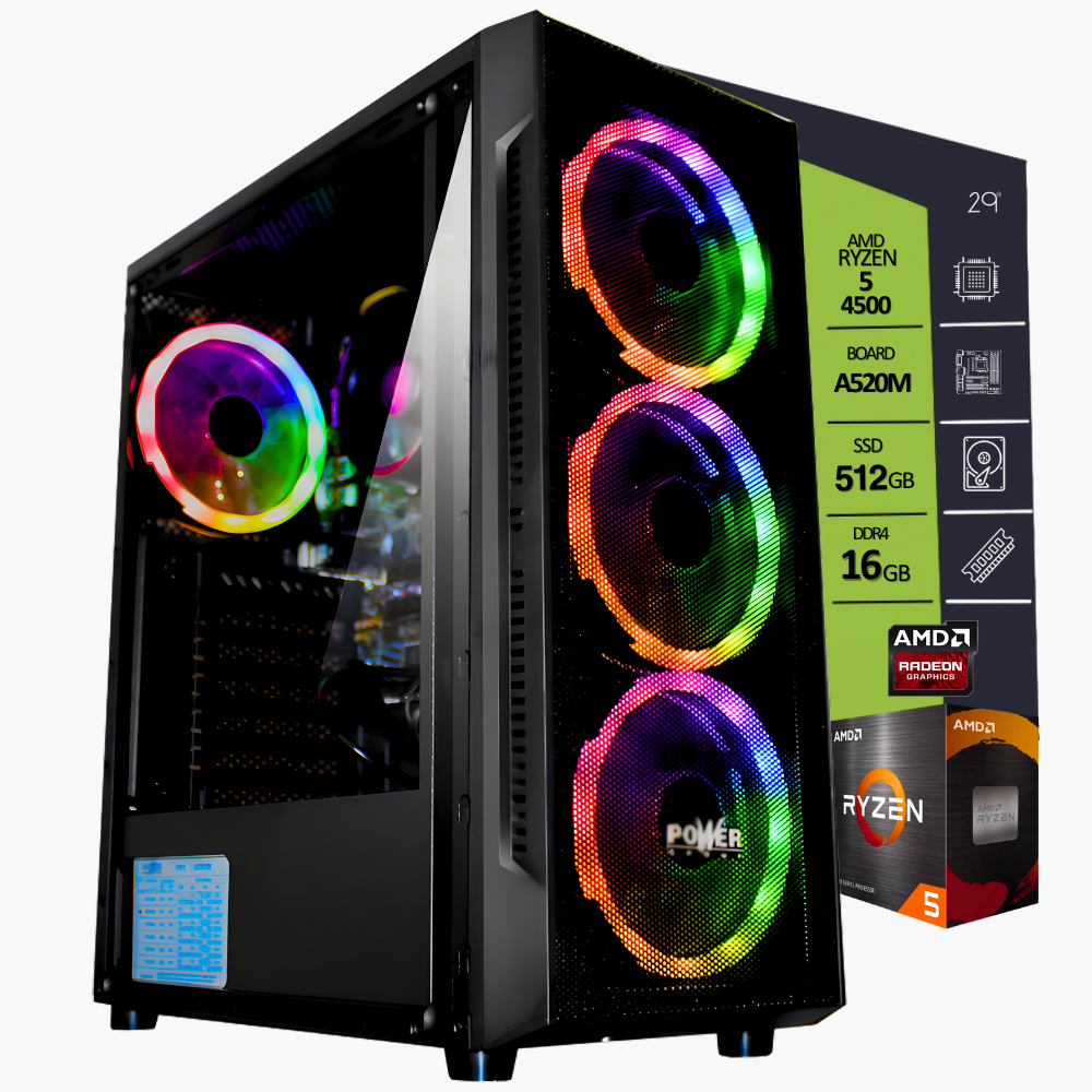 CPU RYZEN 5 4500 / BOARD A520M - HDV / SSD M.2 512GB/ RAM DDR4 16GB / T.V. GT 710 DDR3 2GB