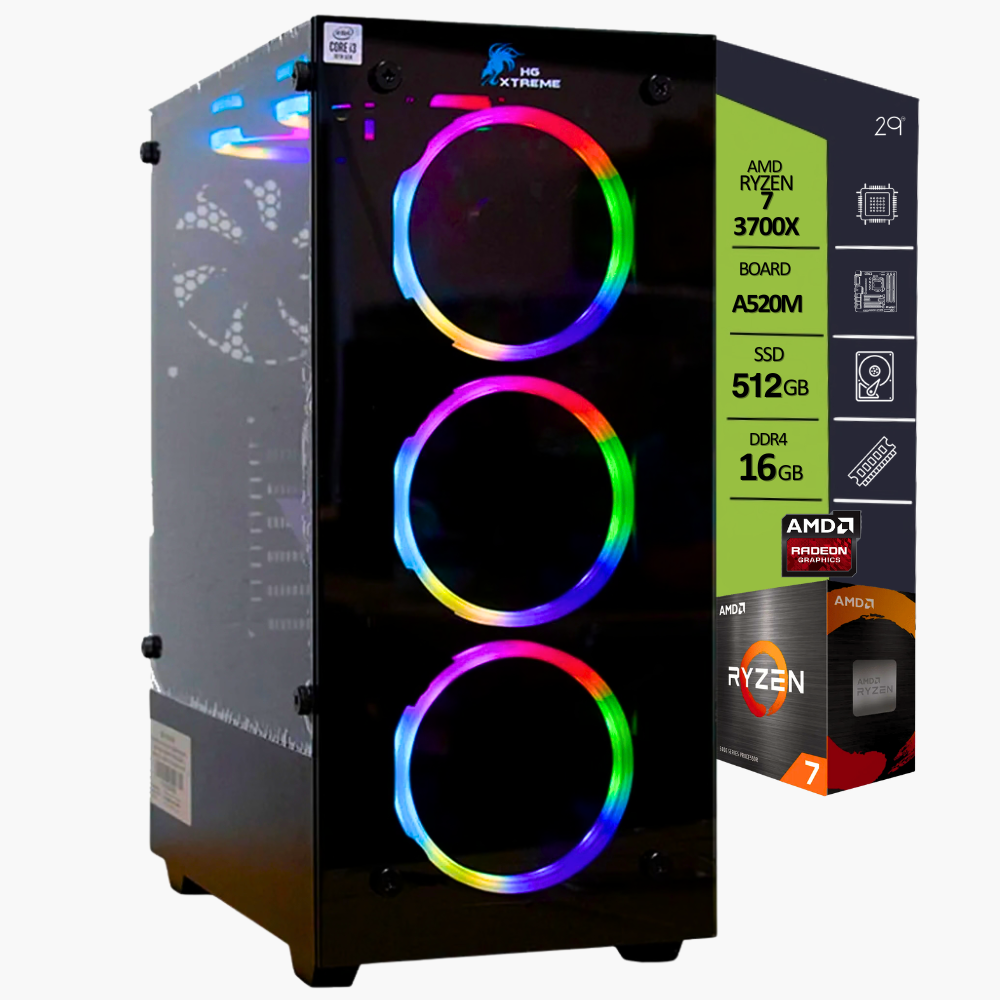 CPU RYZEN 7 3700X / BOARD A520M / SSD 512GB / RAM 16GB / T.V. ASUS GT710 DDR5 1GB / CAJA ATX HG SX-C